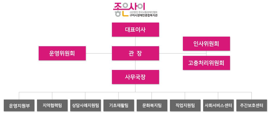 조직도 이미지이다. 대표이사 아래에 관장이 있고, 관장 왼쪽엔 운영위원회가 있고 오른쪽엔 인사위원회와 고충처리위원회가 있다. 관장 아래엔 사무국장이 있다. 사무국장 아래엔 운영지원팀, 지역협력팀, 상담사례지원팀, 기초재활팀, 문화복지팀, 직업지원팀, 사회서비스팀, 주간보호센터가 있다.